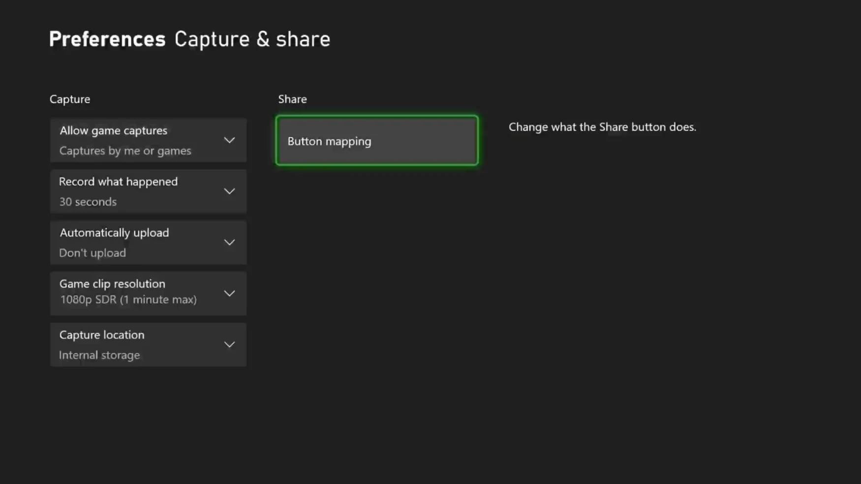 A screenshot of the Capture & share menu on an Xbox Series X/S.