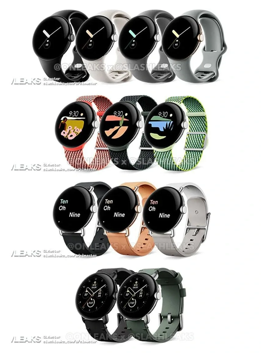 Leaked image of Google's Pixel Watch showing some of the watch faces and band designs.