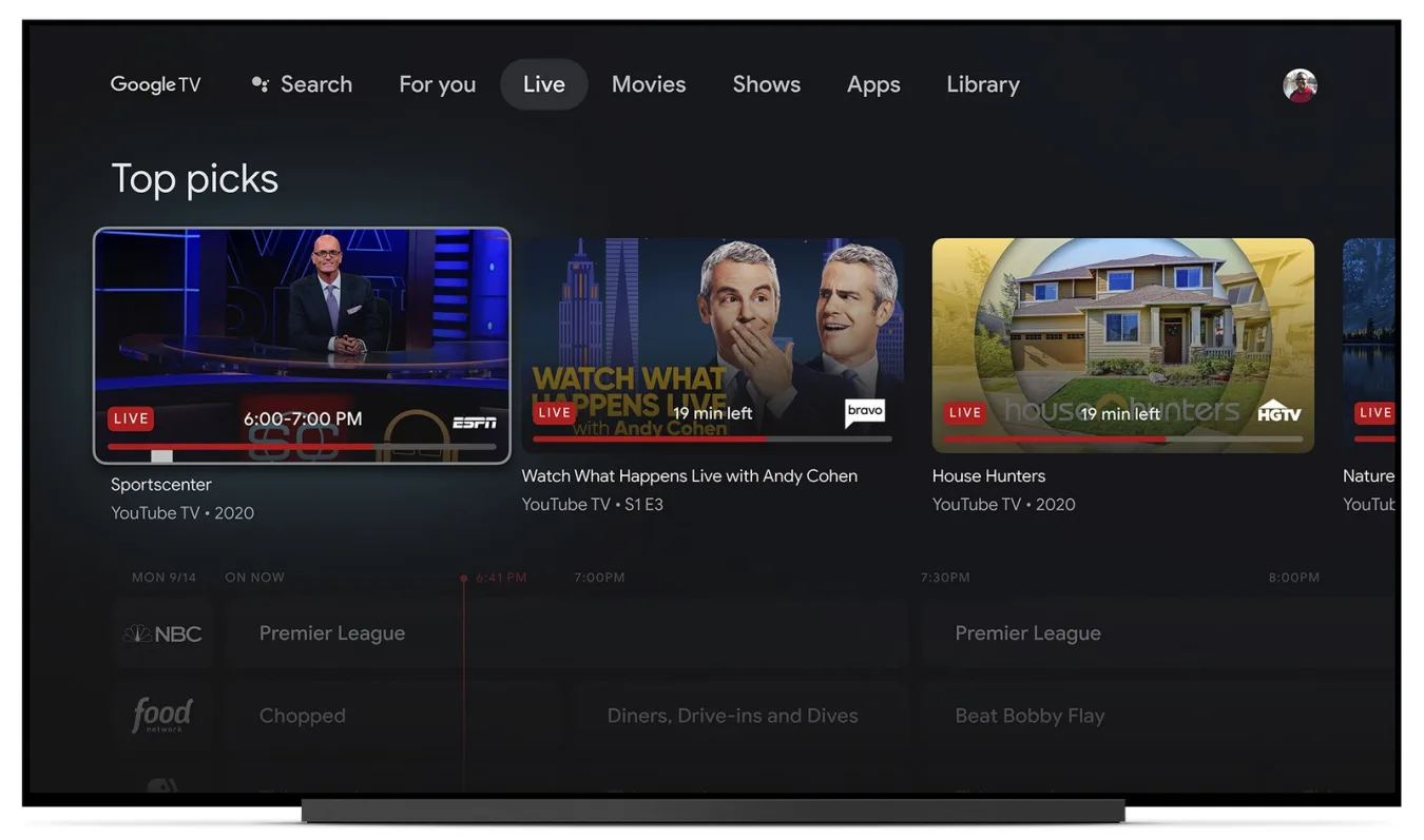 Chromecast 2020 with Google TV press image Live tab