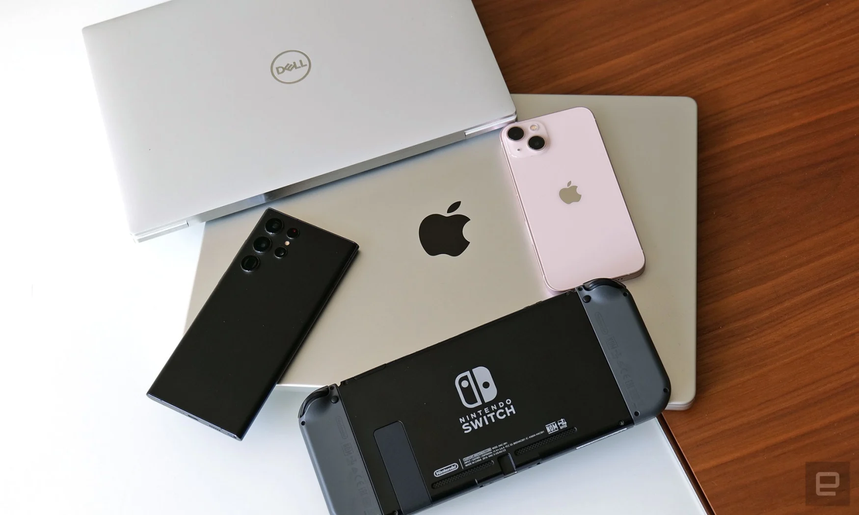 The five devices we used to test the chargers are the iPhone 13, a Galaxy S22 Ultra, a Nintendo Switch (a launch model from 2017), a 2021 Dell XPS 13 and a 16-inch M1 Max MacBook Pro.