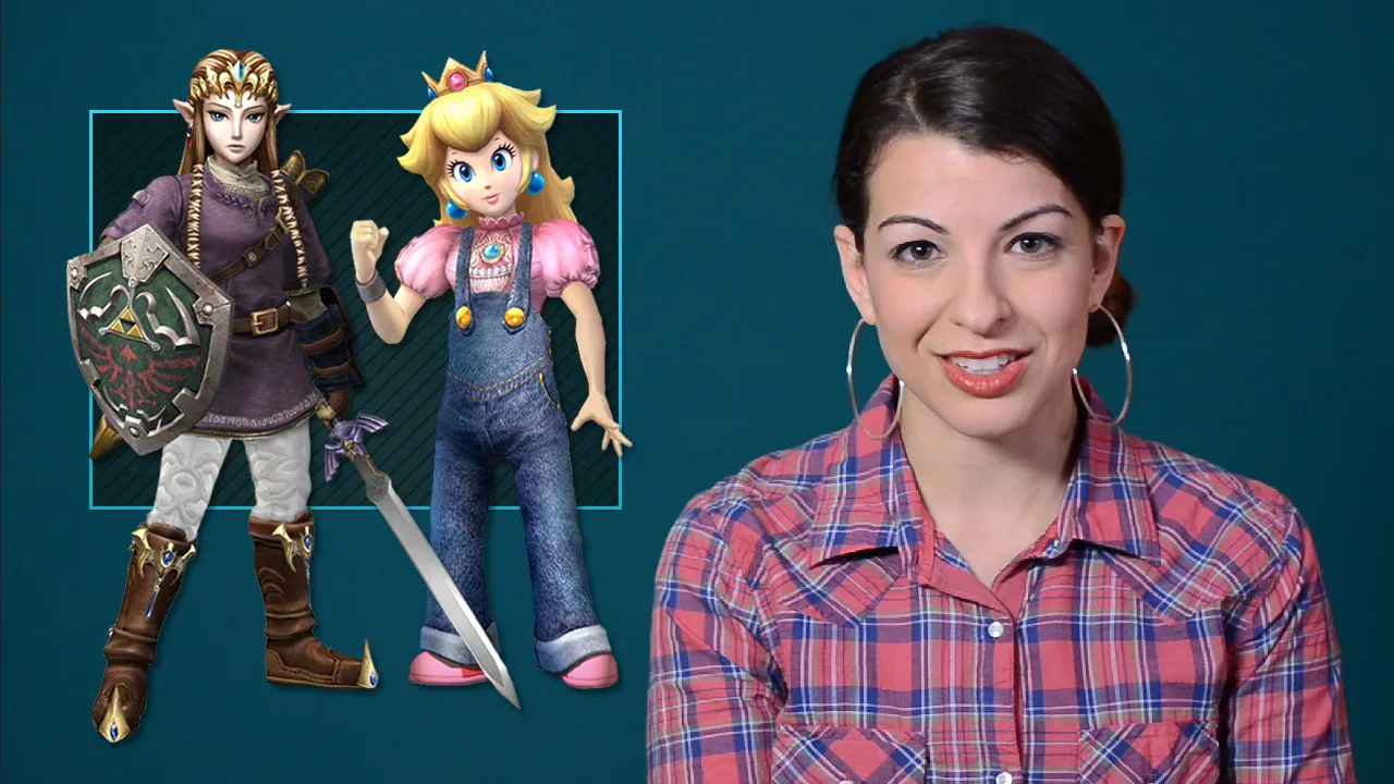 Die Aktivistin und Feminist Frequency-Gründerin Anita Sarkeesian in einem Video-Thumbnail für die Serie „Tropes vs. Women in Video Games“.  Sie blickt rechts in die Kamera, während links Bilder von Zelda und Prinzessin Peach sitzen, die als Link und Mario verkleidet sind.