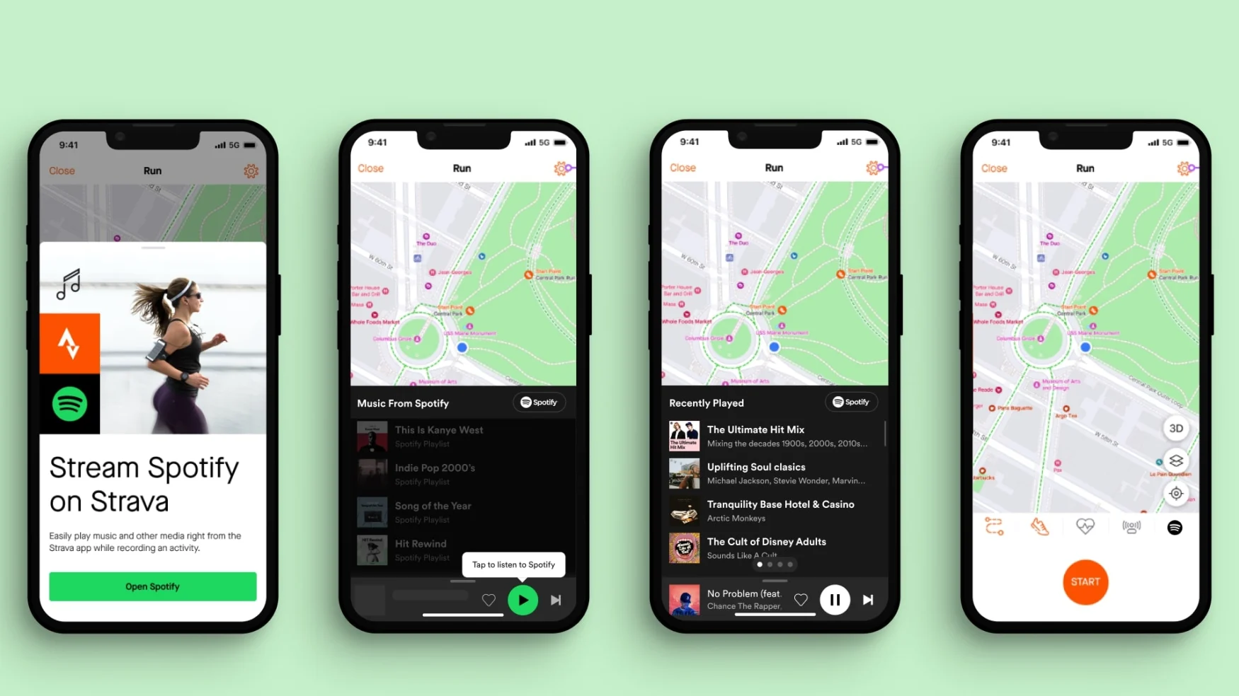 Four phones show the integration of Spotify on Strava's app. 