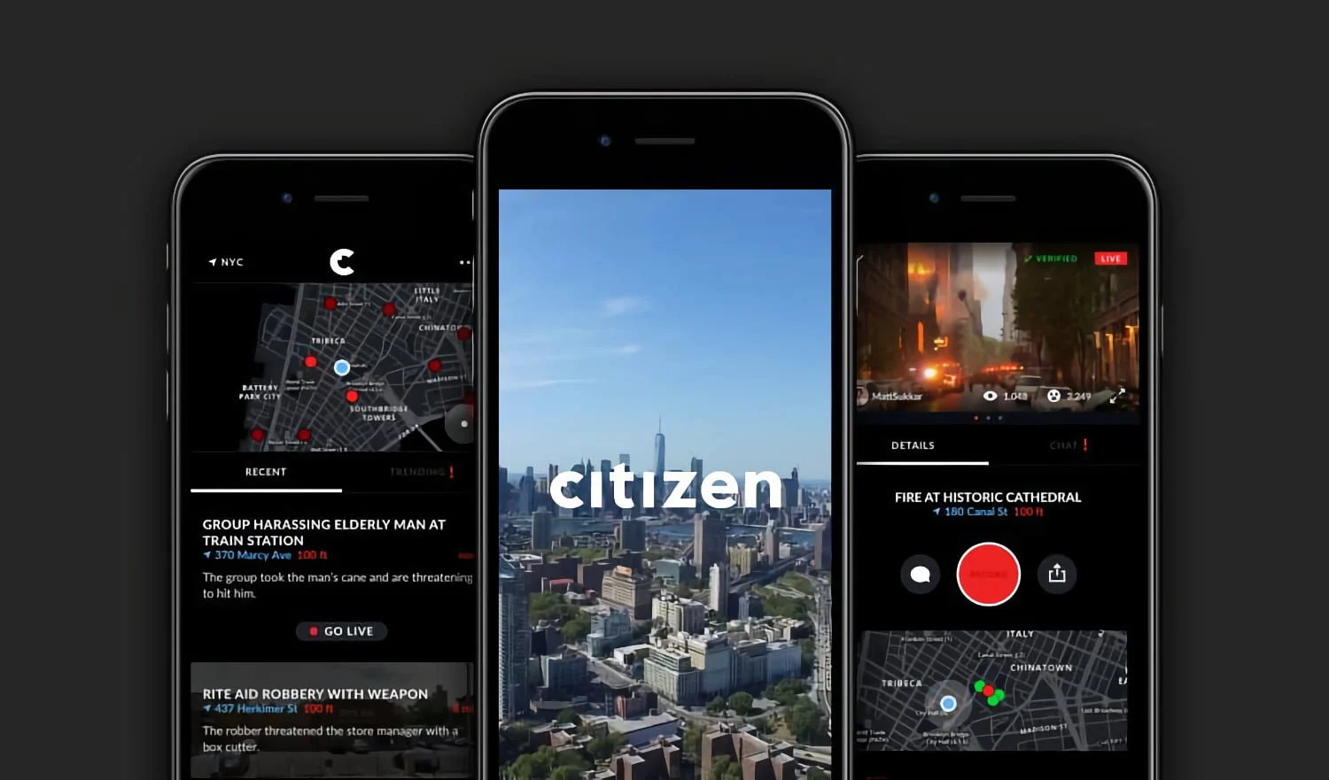 Visual of three phones showing screenshots from the Citizen app