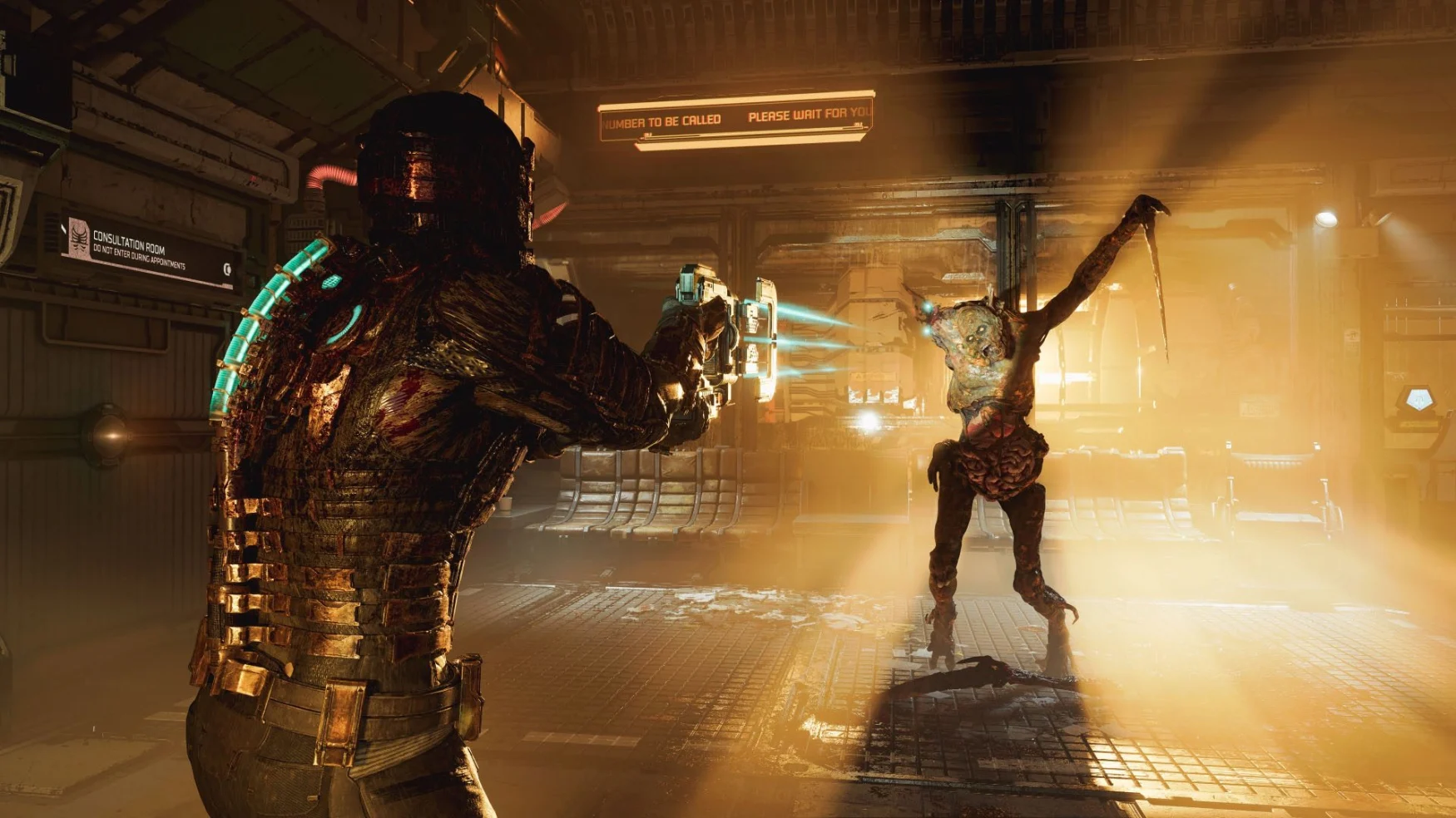 Dead Space protagonist Isaac Clarke points his weapon at a necromorph who stands in menacing silhouette against the starship's harsh light.
