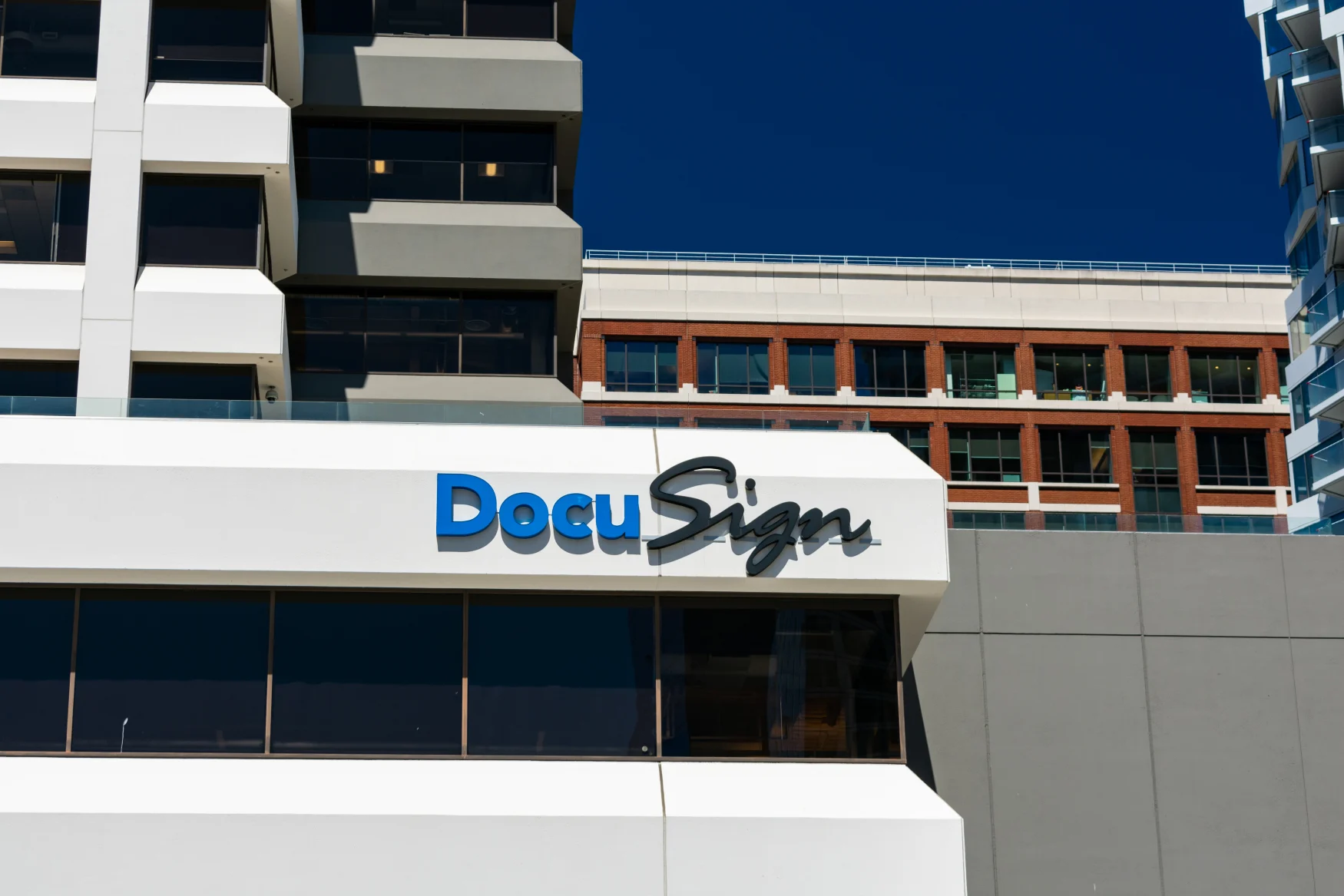 San Francisco, California, USA - July 12, 2019: DocuSign headquarters building. DocuSign is an American company that helps organizations connect and automate how they prepare, sign, act on, and manage agreements.