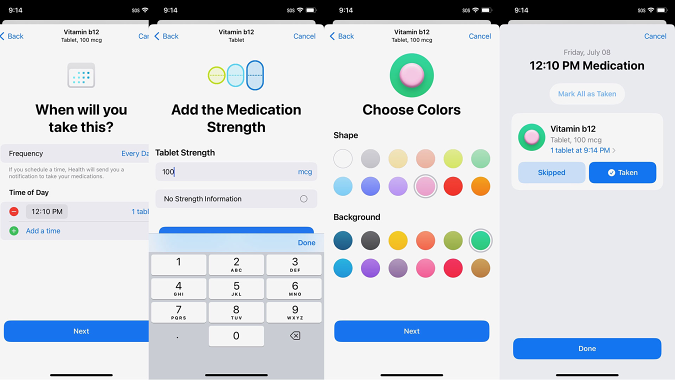 Empat tangkapan layar menunjukkan langkah-langkah untuk menambahkan obat baru di aplikasi Kesehatan iOS 16 beta.