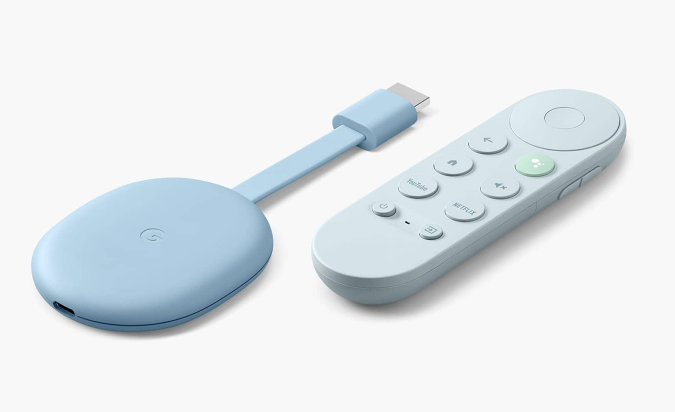 A blue Chromecast with Google TV and its remote on a white background.