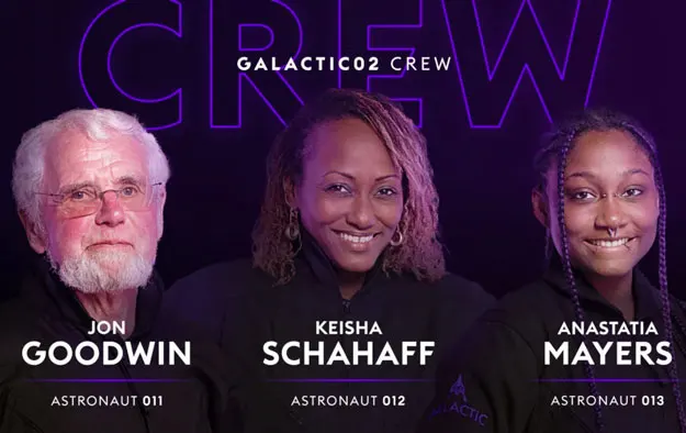 Promotional image of the Virgin Galactic 02 crew with their headshots and names on a black background.