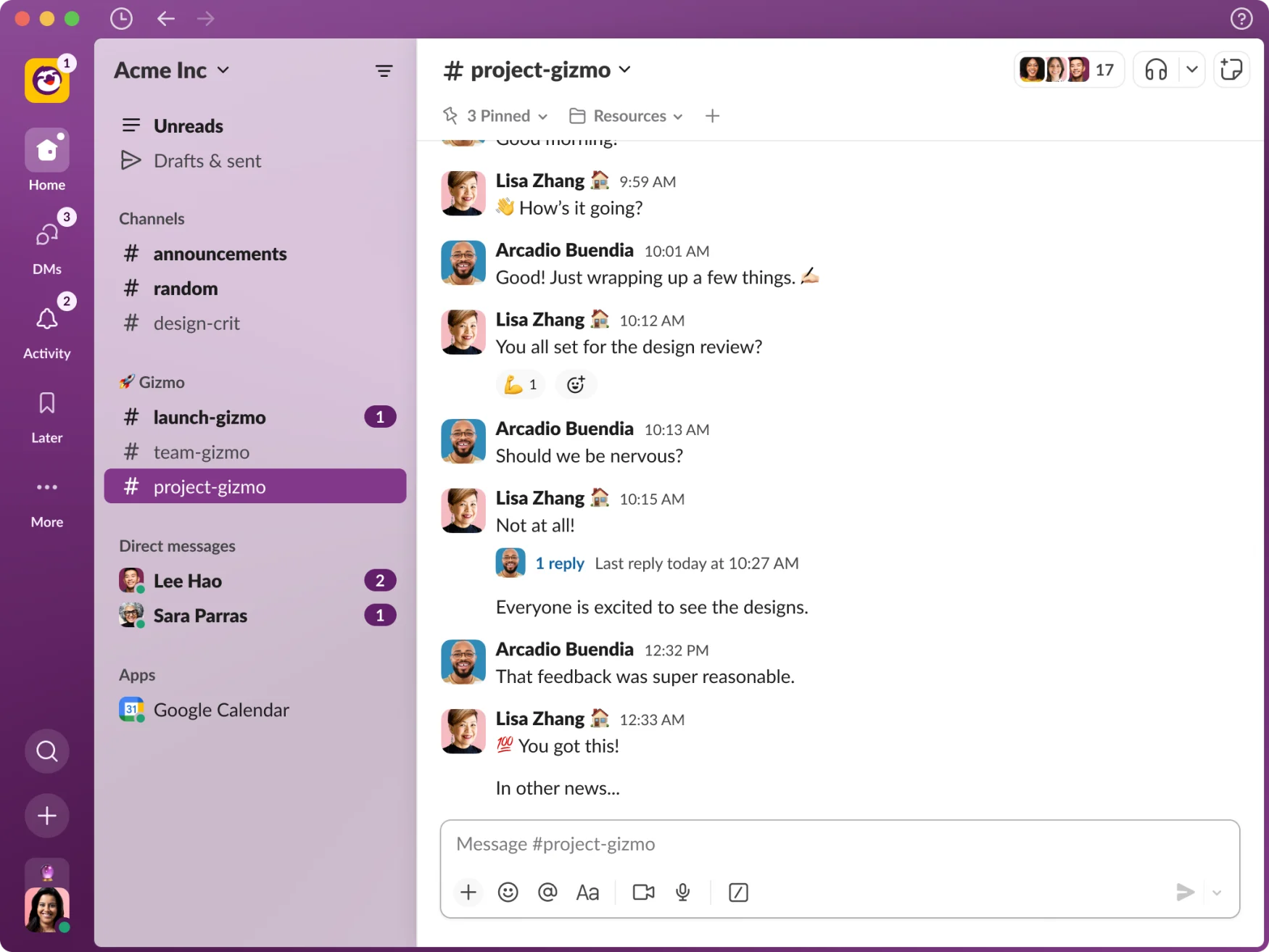 Slack screenshot showing the new redesign, featuring an updated left sidebar with Home, DMs, Activity, Later and More buttons.