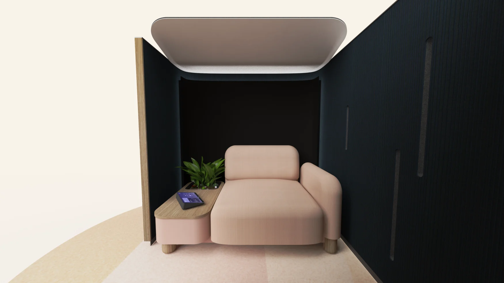 A rendering of the couch and side table inside the Project Ghost booth.