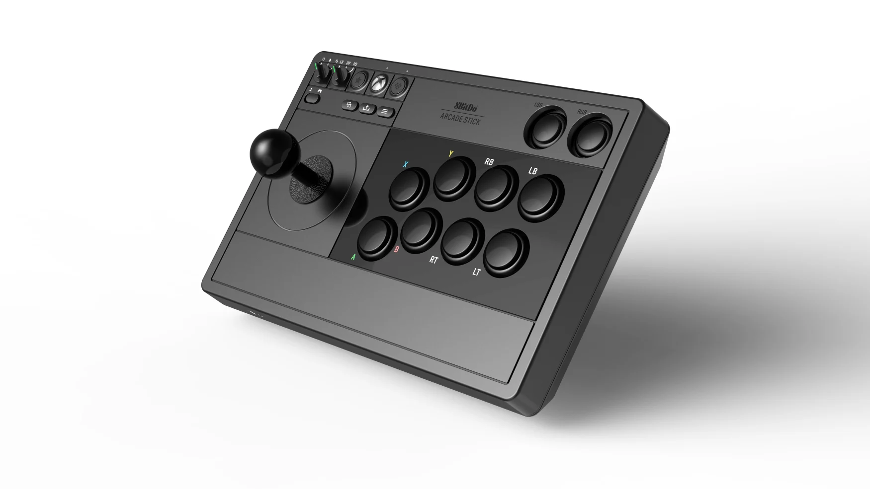Marketing image for the 8BitDo Arcade Stick for Xbox in black. The accessory, with an arcade-style joystick and 10 buttons, sits at an angle in front of a neutral white background