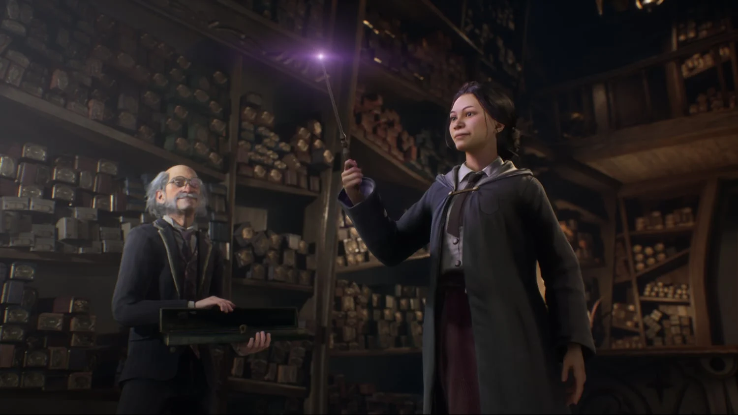Un estudiante practicando magia en un fotograma de juego de 'Hogwarts Legacy'