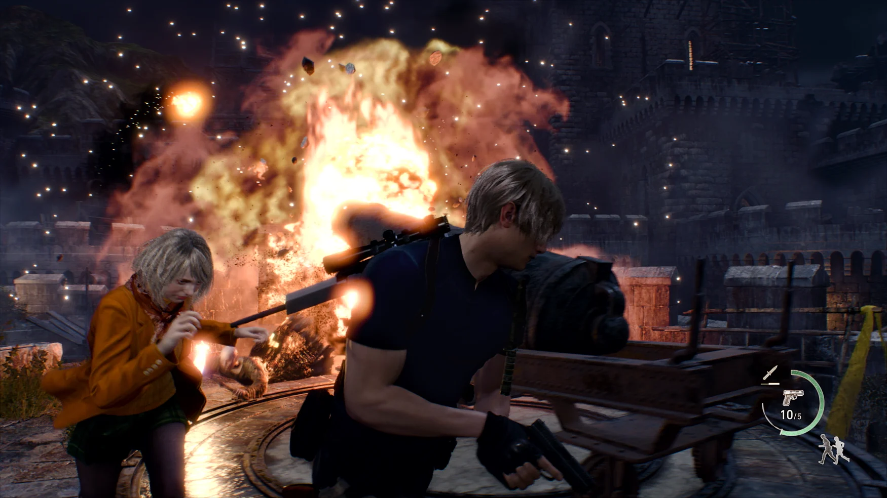 Ashley and Leon flee an explosion on the turret of a castle in Resident Evil 4.