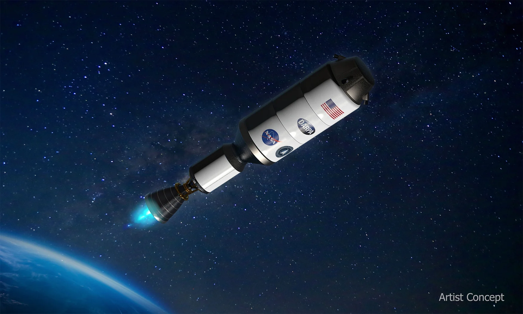 Artist concept of a nuclear powered rocket. The craft, which looks somewhat like an upside down flashlight, is primarily white with US, DARPA and NASA logos emblazoned on its side. Blue propellant emerges from its tail as a slice of the Earth is visible below.
