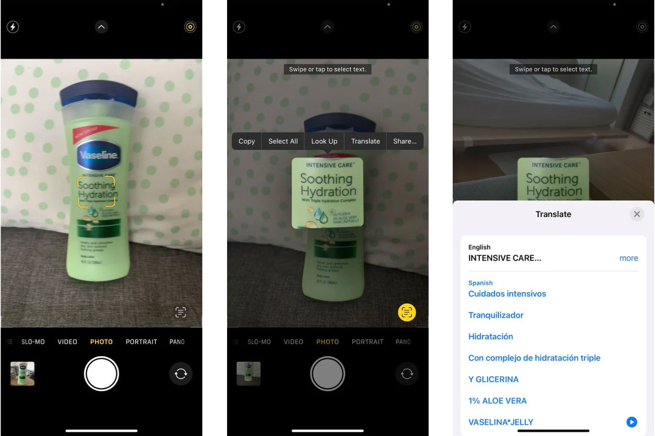 A composite showing three screenshots of Apple's Live Text feature through the viewfinder in the Camera app in the iOS 15 beta. The left screenshot shows a small yellow frame focused on the middle of a bottle of green moisturizer, the middle screenshot shows the middle part of the bottle highlighted with options above it for 