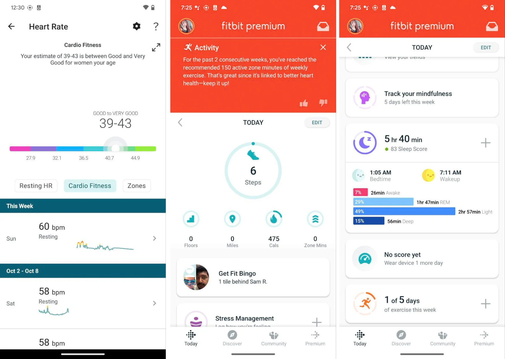 Three screenshots from the Fitbit app showing data from the Pixel Watch. On the two right screenshots, the words Fitbit Premium sit at the top with a red banner. 