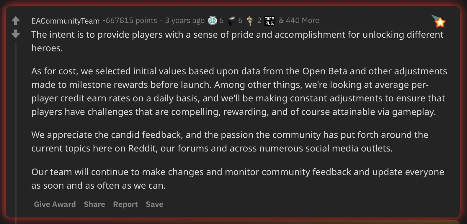EA's Reddit post which earned the title of most downvoted comment of all time.