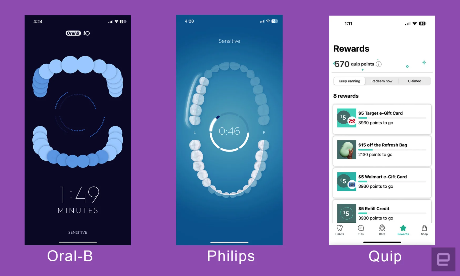 Three screenshots from the companion apps from Oral-B, Philips and Quip smart toothbrushes. The Oral-B and Philips app show a 3D model of teeth, while the Quip app offers gift card rewards for brushing.
