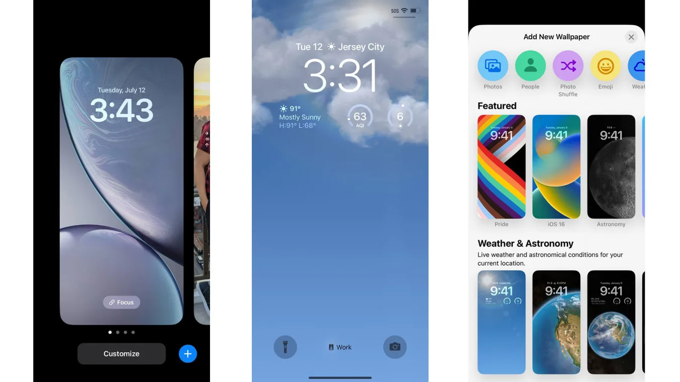 Three screenshots showing, from left to right, the page to create a new lock screen, an example of a new lock screen with the clock and four widgets, and an 
