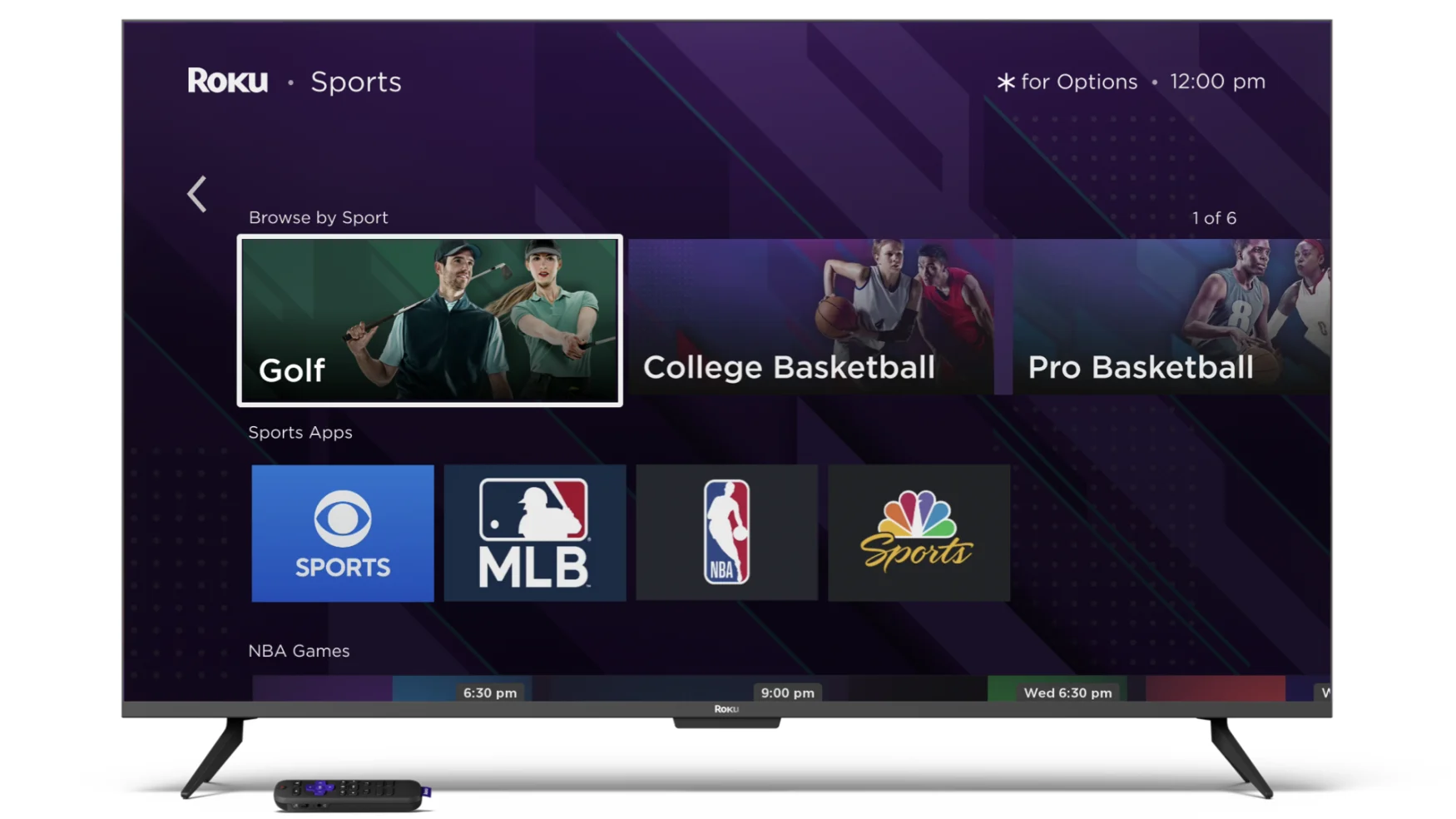 Рекламное изображение Roku, показывающее телевизор со спортивным меню.