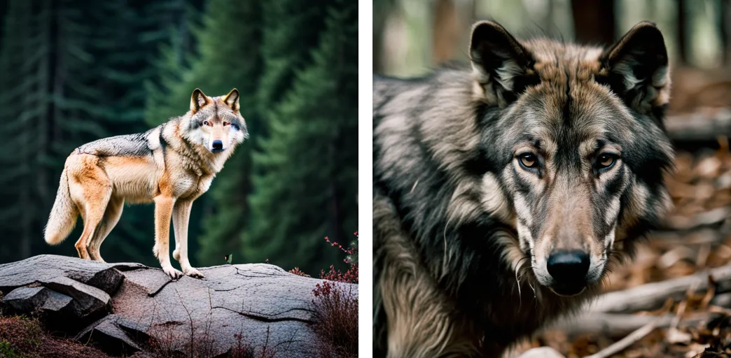 Split-screen sample images of an AI-generated photo of a wolf
