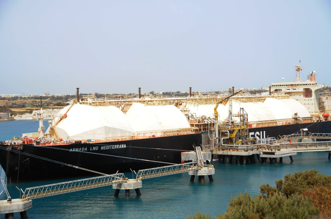 MARSAXLOKK, MALTA APRIL 26: Photo shows a moored floating liquefied natural gas LNG storage unit, which provides LNG for the nearby Delimara power station in Marsaxlokk, Malta. (Photo by Chen Wenxian/Xinhua via Getty Images)
