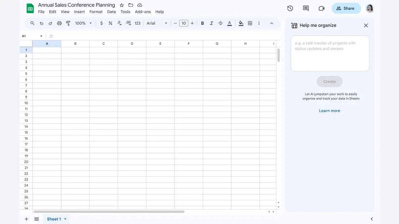 A GIF of Google Sheets, showing a user entering a text prompt and Duet AI generating a template for an agenda of a sales event.