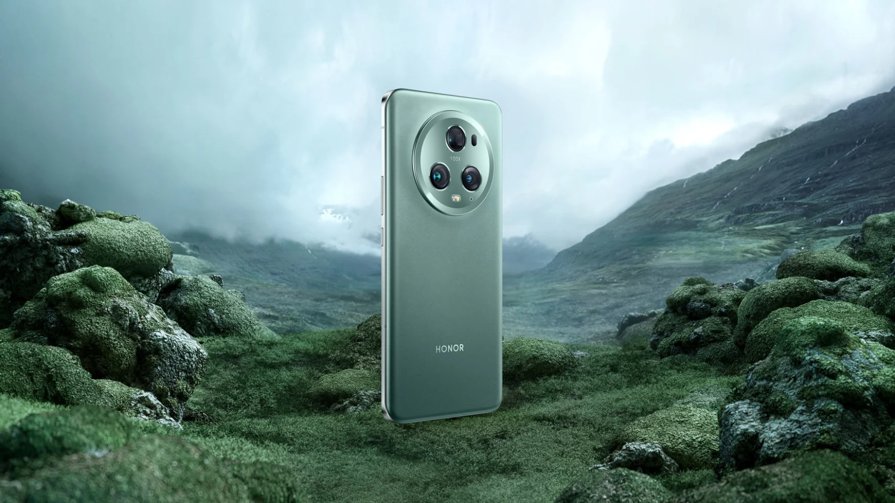 Render of Honor's Magic 5 Pro in Meadow Green, stood monolithically in a pastoral scene.