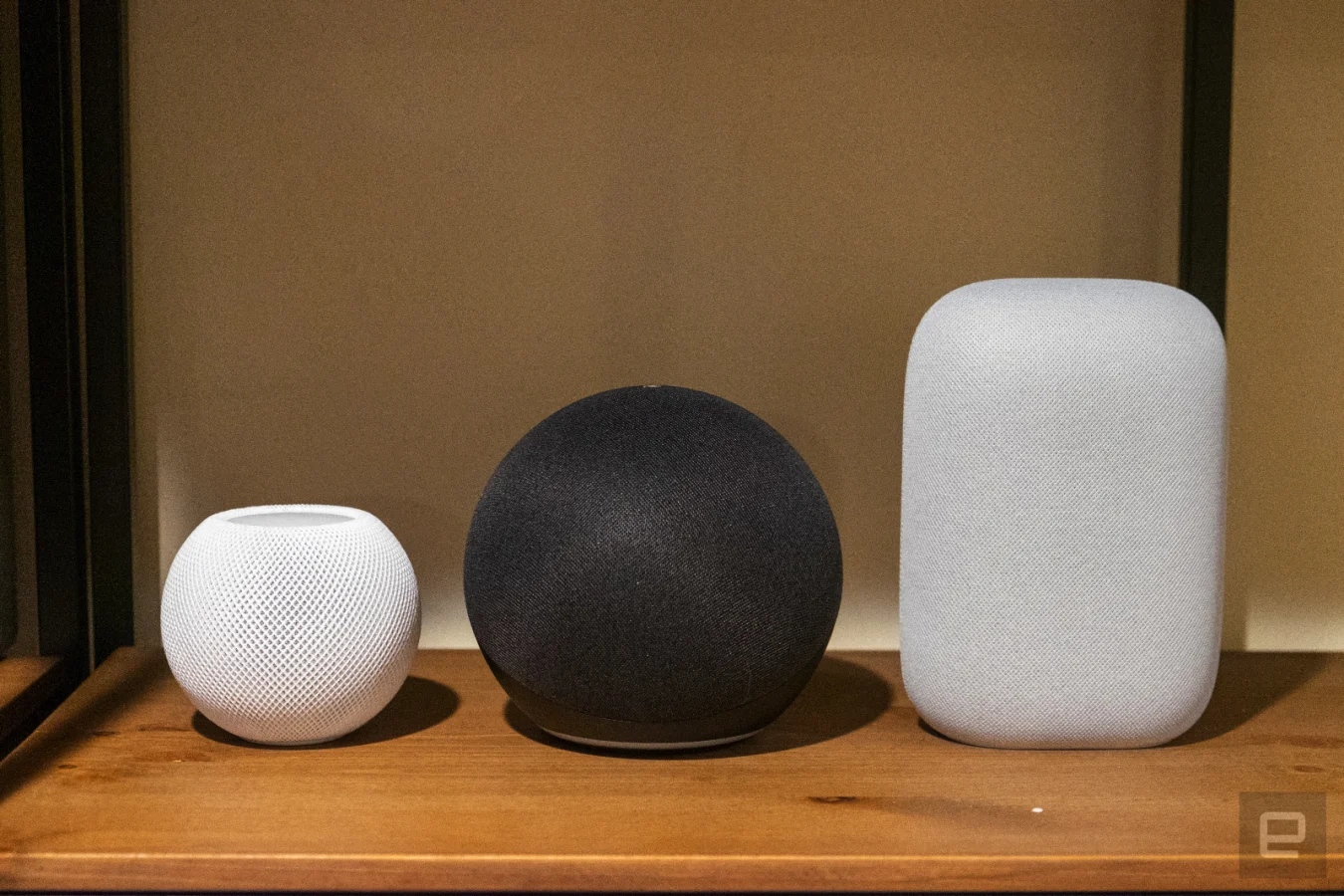 Apple HomePod mini, Amazon Echo (2020) and Google Nest Audio.