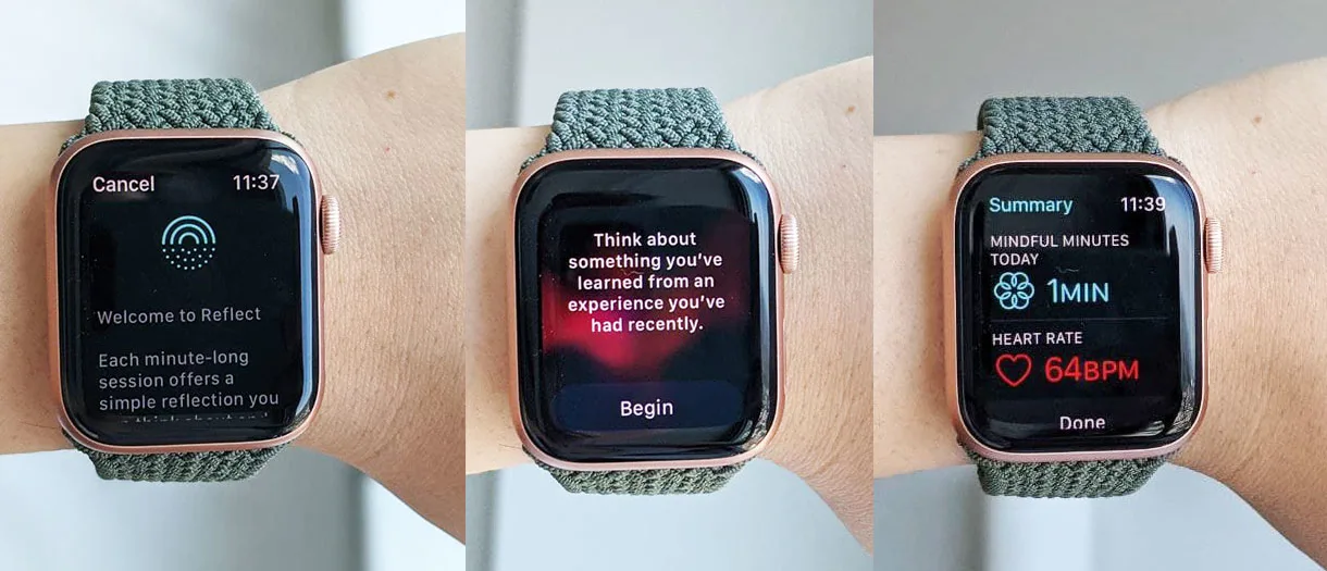 A composite of three pictures showing the Mindfulness app in the watchOS 8 beta.