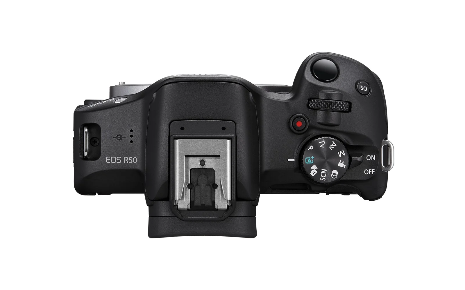 Rendu supérieur de l'EOS R50 de Canon, montrant le cadran PSAM, le bouton d'enregistrement et le cadran ISO. 