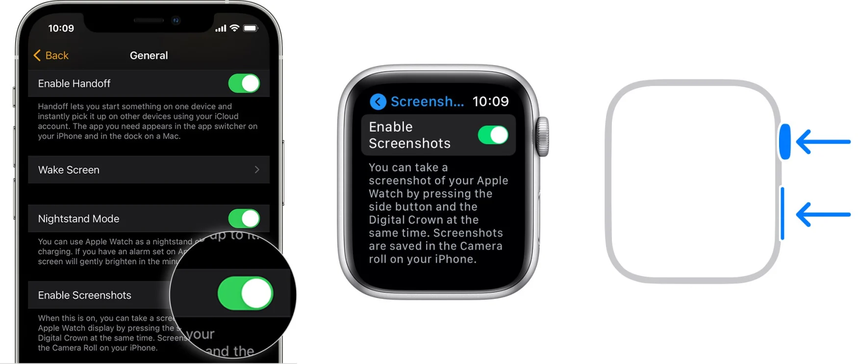 A series of images displaying how to enable and capture screenshots on an Apple Watch.