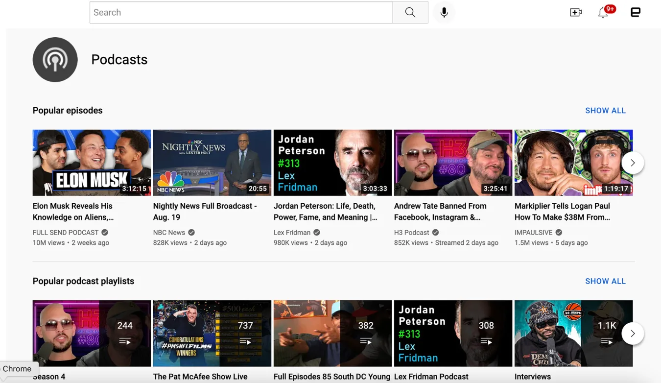 YouTube podcasts Explore page