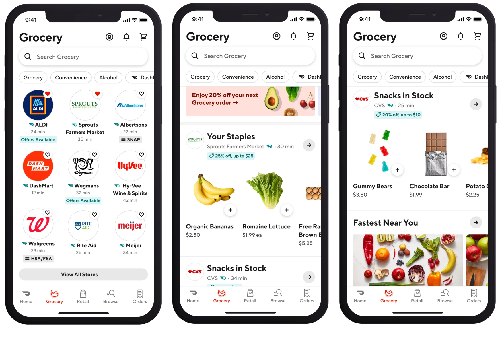 Sceenshots من علامة تبويب البقالة في تطبيق DoorDash المحدث ، والتي توضح للمستخدمين كيف يمكنهم طلب عناصر البقالة.