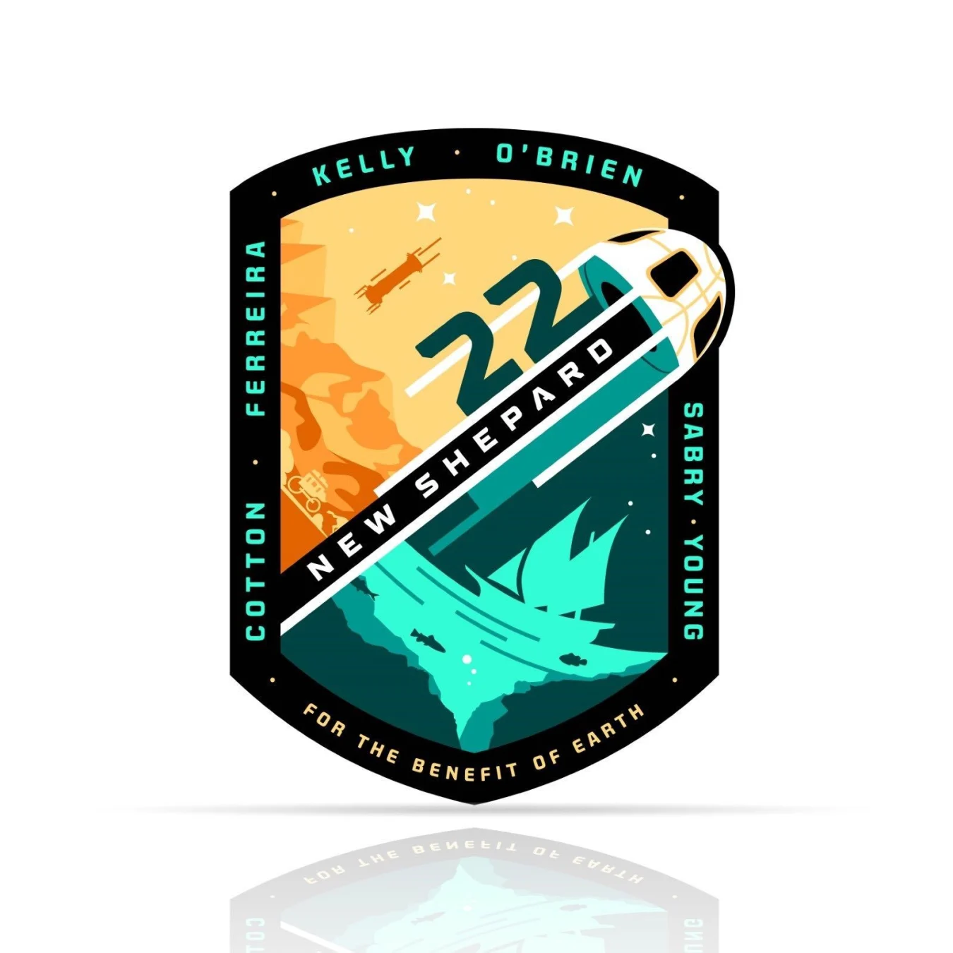 The mission patch for the New Shepard NS-22 mission. It includes symbols such as: The Pyramids of Egypt represent Sara Sabry's legacy and celebrate her achievement as the country's first female astronaut. The Mariana Trench represents Vanessa O'Brien's feat of reaching Challenger Deep, the lowest point on earth. The team capsule is depicted as a basketball, symbolizing Dude Perfect's trick shots and Coby Cotton's role in co-founding the company. Magellan's Ship represents Mário Ferreira's Portuguese heritage and lifelong passion for adventure. The fish swimming beneath Magellan's ship symbolize Steve Young's passion for fishing. The stagecoach represents Clint Kelly III's quest to push humanity to the new frontiers of space. The New Shepard booster and West Texas mountains are also featured in the patch.