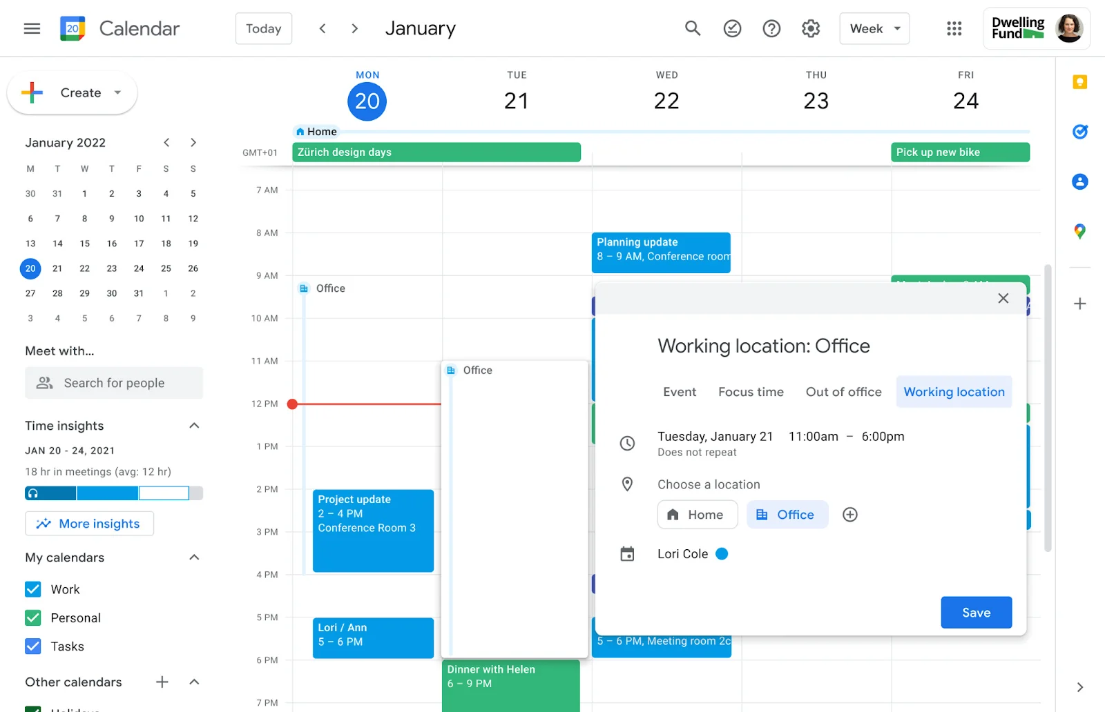 Google Calendar consente agli utenti di localizzarsi in orari specifici della giornata