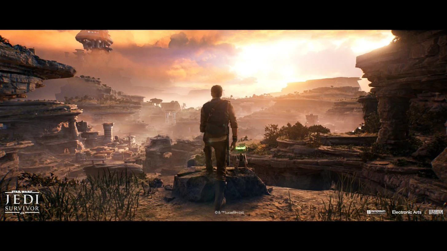 Media asset for the game 'Star Wars: Jedi Survivor,' showing the protagonist (Cal Kestis) standing in front of a vast landscape with jutting cliffs and old structures. View from behind the hero's back.