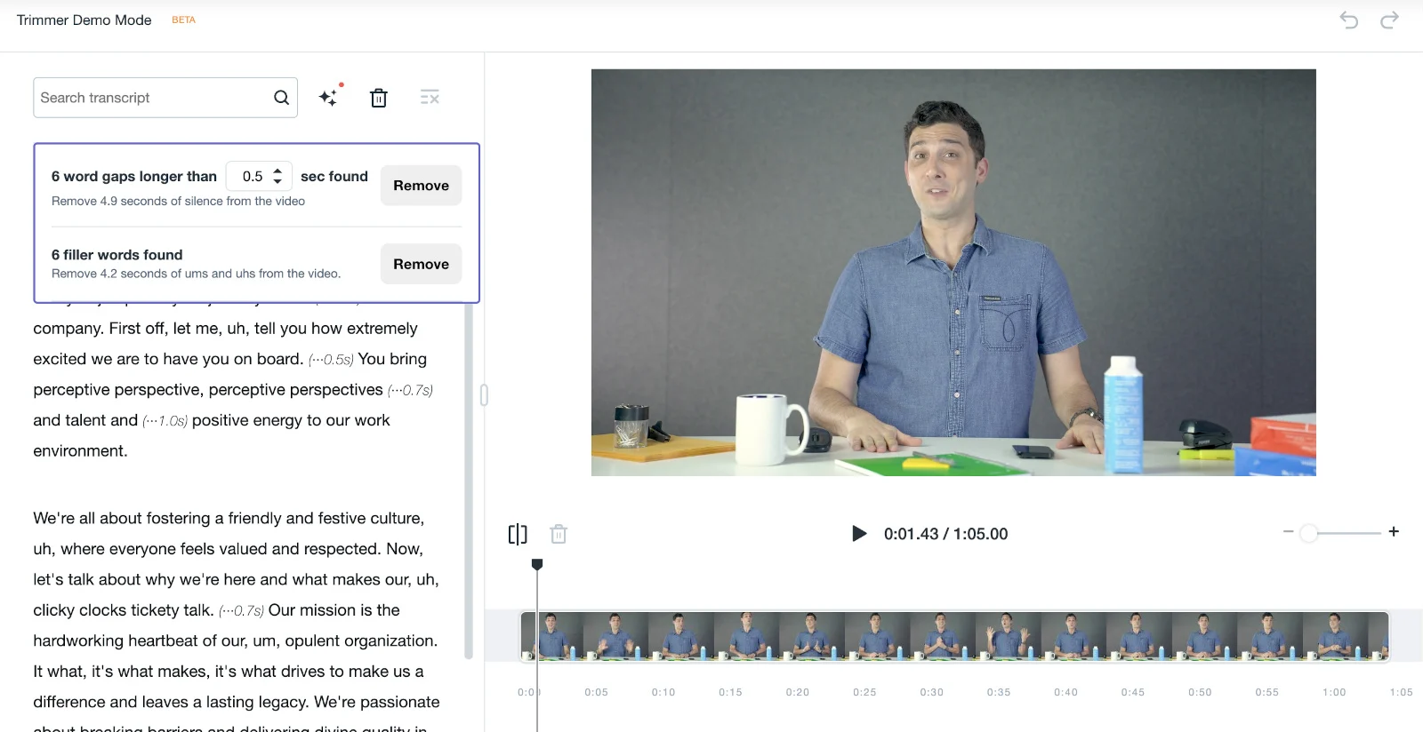 A screenshot of Vimeo's text-based video editor. On the left is is a text box and on the right is a video still of a man in blue polo. A table with a mug and colorful paper is in front of him.