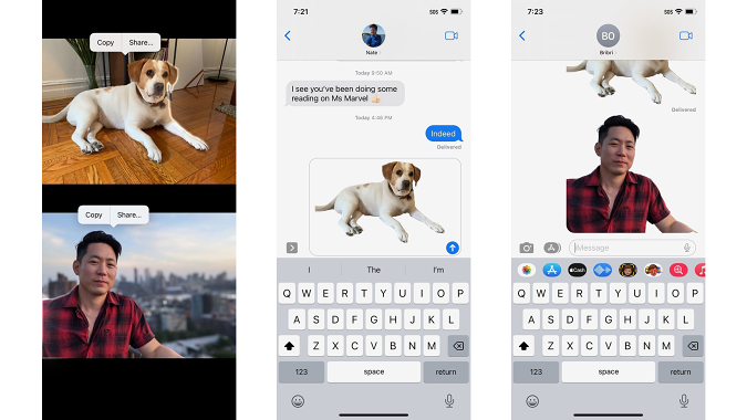 Tiga tangkapan layar yang menunjukkan fitur pencarian visual iOS 16 baru, dengan contoh seorang pria dan anjing diangkat dari gambar mereka dan ditempelkan tanpa latar belakang mereka ke dalam Pesan.