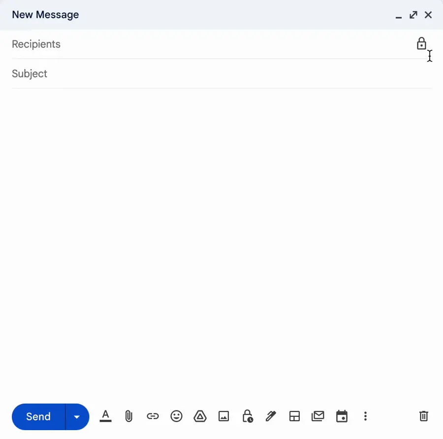 GIF showing Google Workspace users how to enable Gmail client-side encryption in the compose panel.  The cursor clicks on a padlock icon to the right of the 