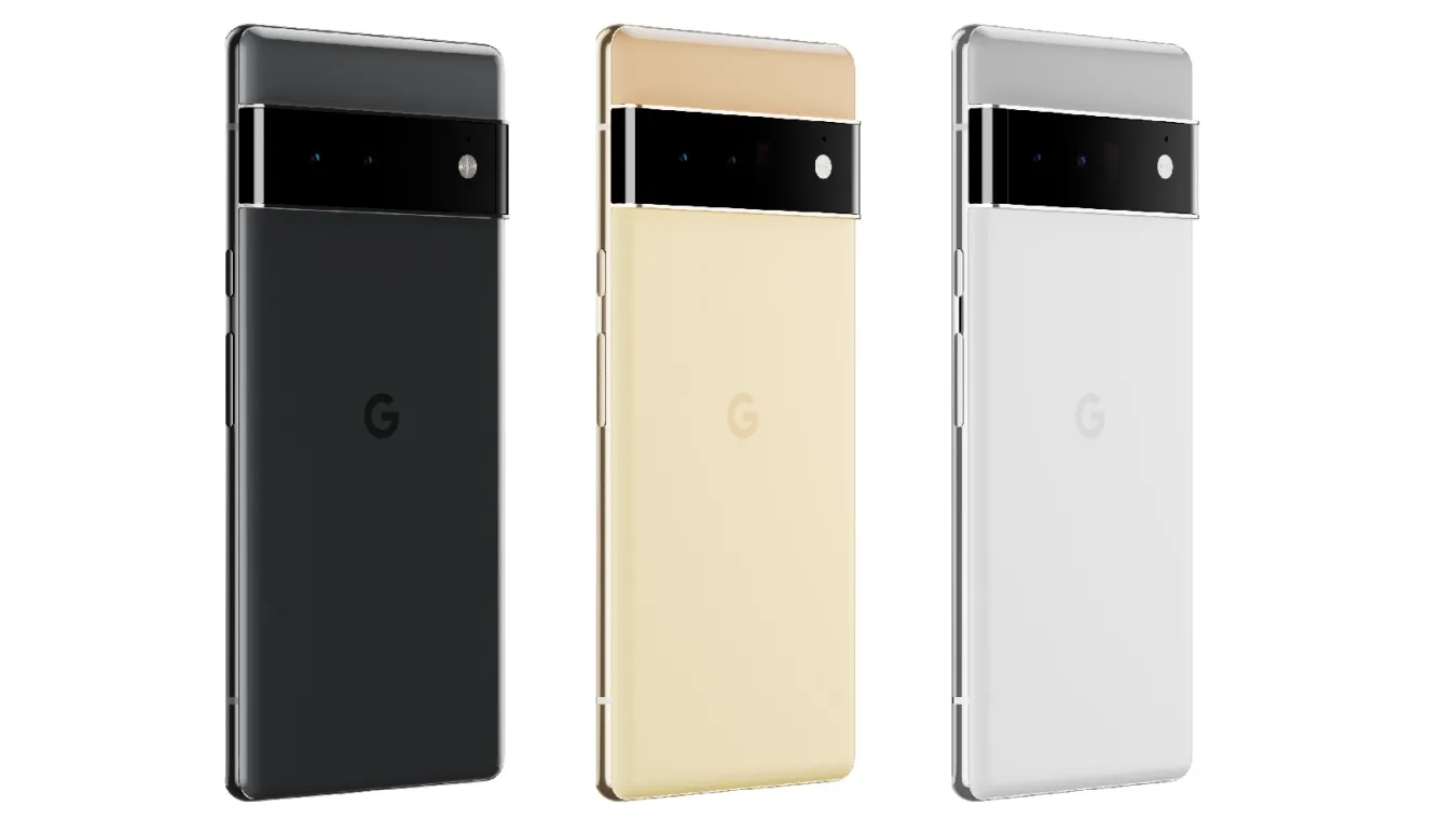 A trio of Pixel 6 Pros. From left to right, their color schemes are: Black/black, Gold/yellow and Grey/silver.