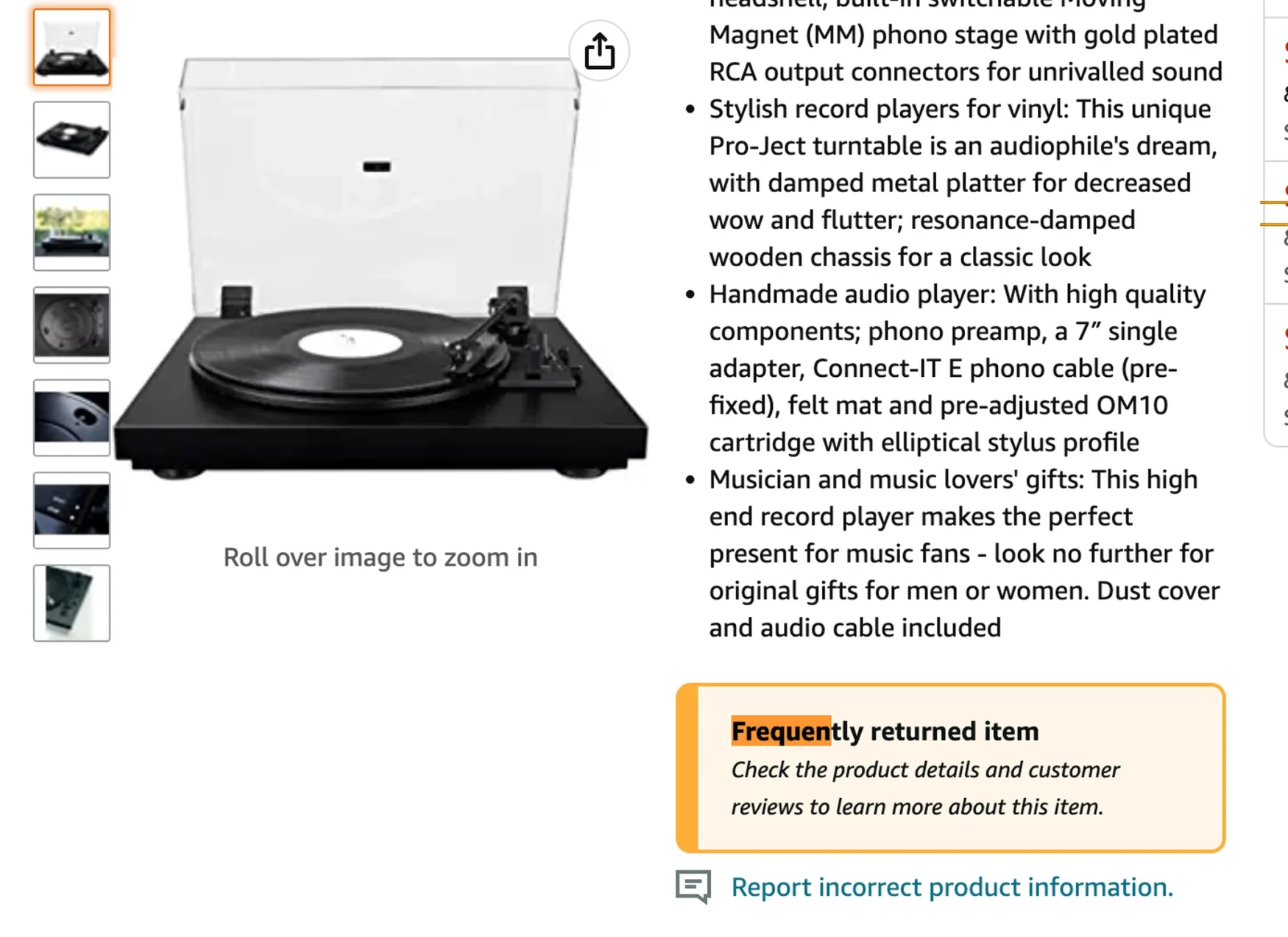 An Amazon product page for a record player with an orange and yellow 