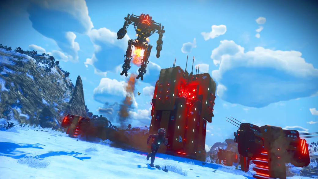 A flying Sentinel mech in No Man's Sky.