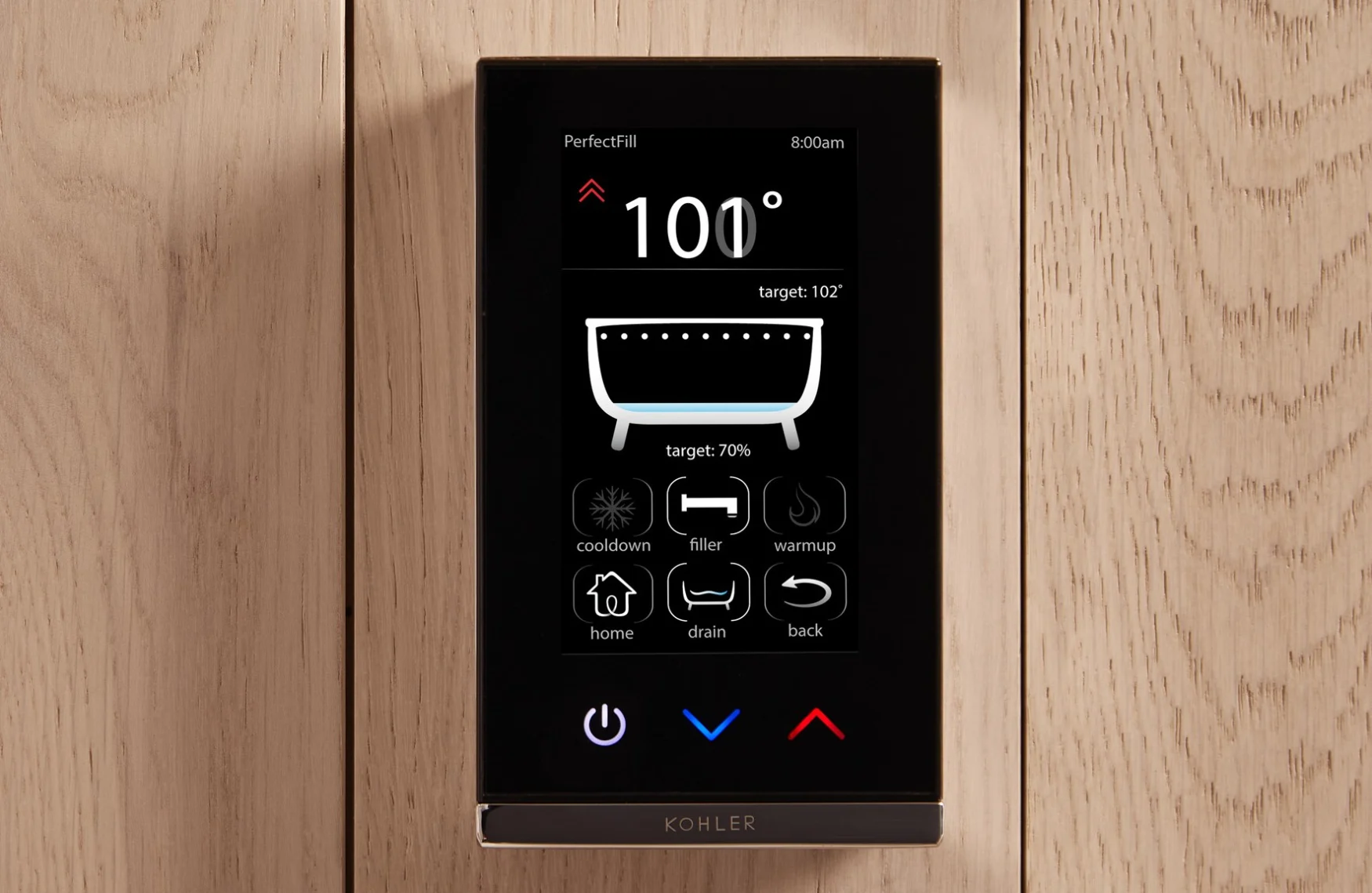 The control panel for Kohler's PerfectFill system, which allows owners to control the depth and temperature of their bath water without monitoring it manually.