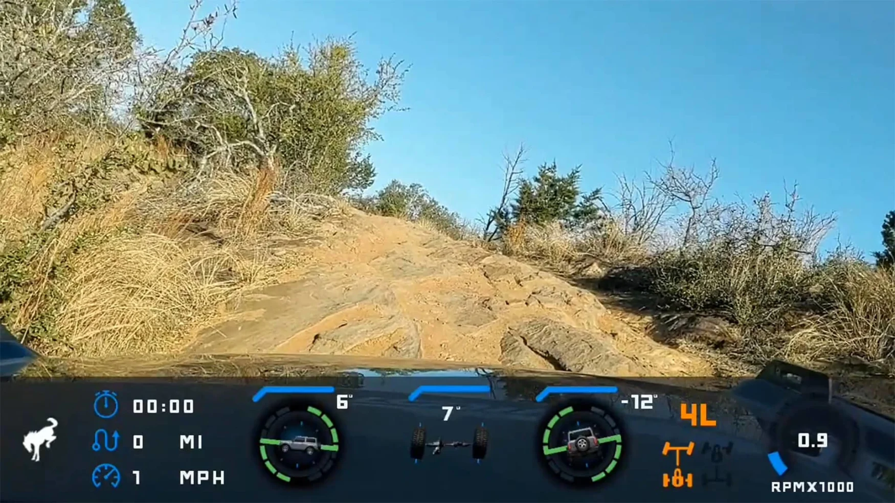 In-app video footage using the Ford Bronco Trail app, complete with data overlays. 