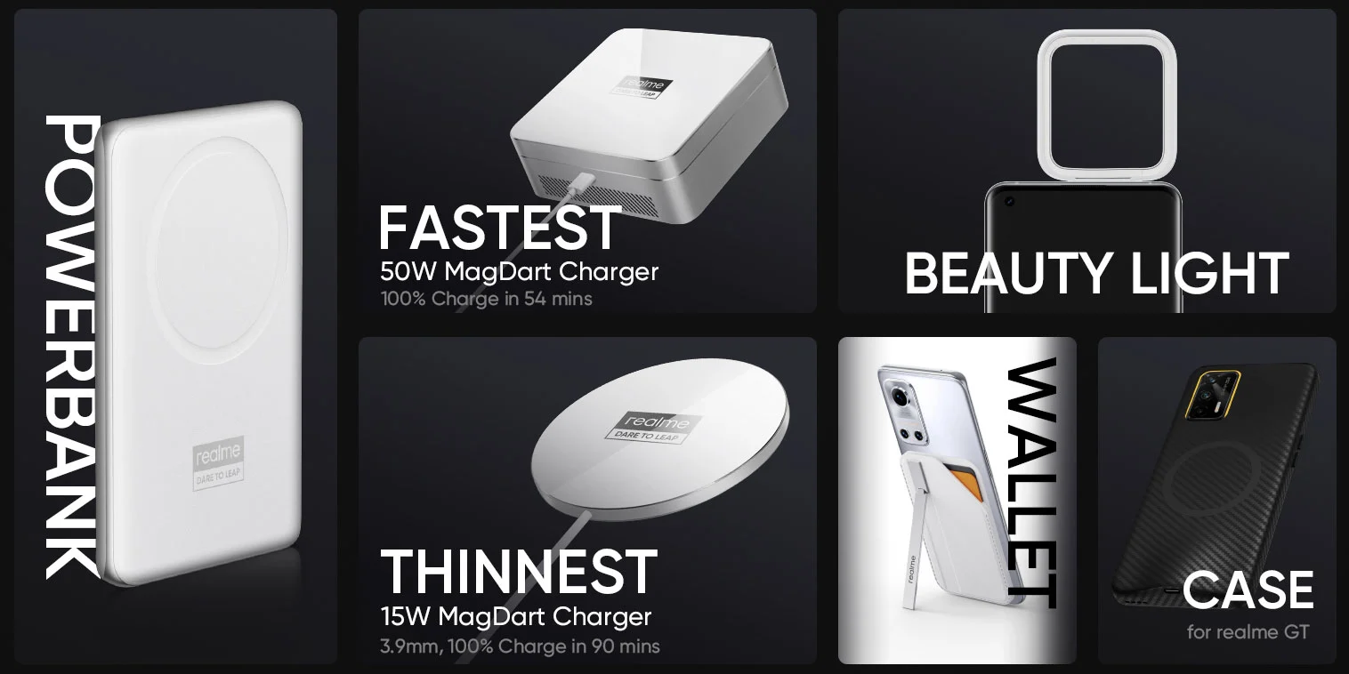 MagDart 2-in-1 power bank, 50W MagDart charger, 15W MagDart charger, MagDart beauty light, MagDart wallet and MagDart case for Realme GT.