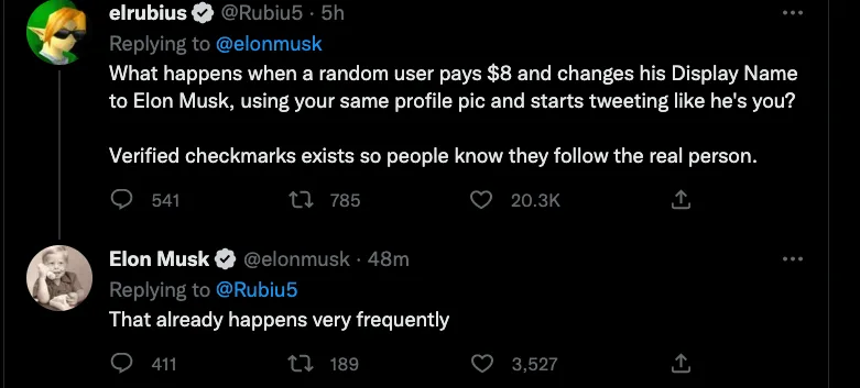 Musk replies that impersonation already happens 