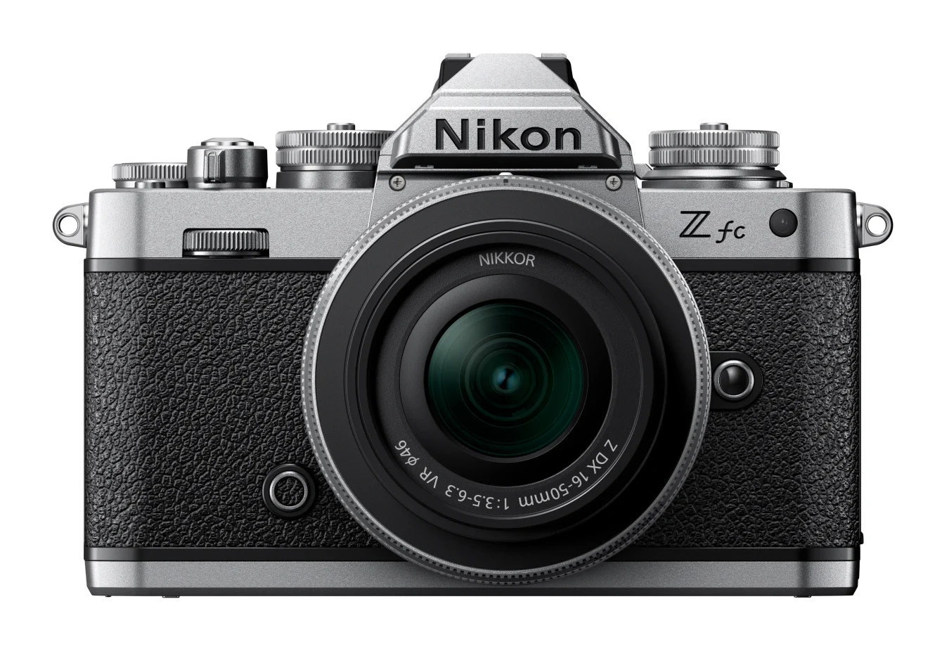 The Nikon Z FC camera seen from head on.
