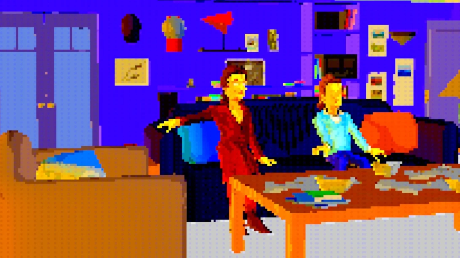 Masih dari simulasi Seinfeld yang dibuat oleh kecerdasan buatan.  Versi animasi piksel dari Ellen Benes dan Jerry Seinfeld duduk di sofa di sebuah apartemen.