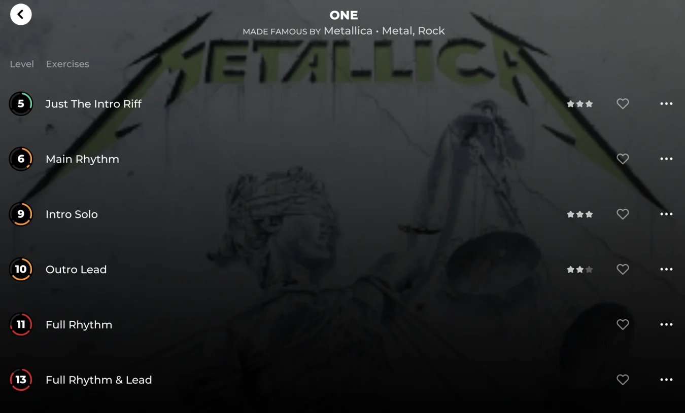 Скриншот курса Metallica в приложении Yousician.